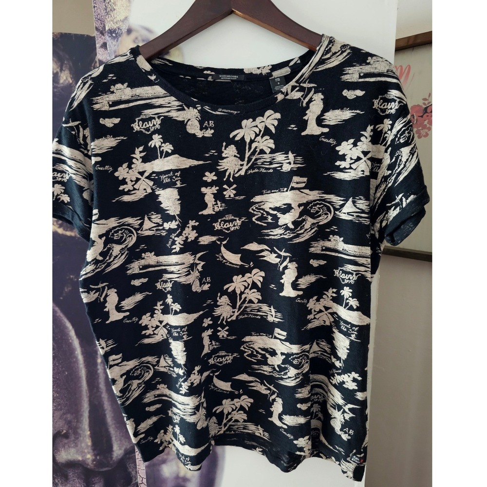 Scotch & Soda Amsterdams Blauw Black Tropical Toile Print Cotton Tee Shirt S